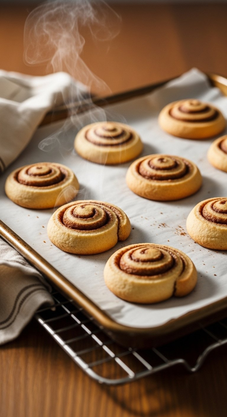 Baking Sheet With Golden Brown Cinnamon Roll Sugar Cookies Fresh From The Oven On A Wire Cooling Rack.
