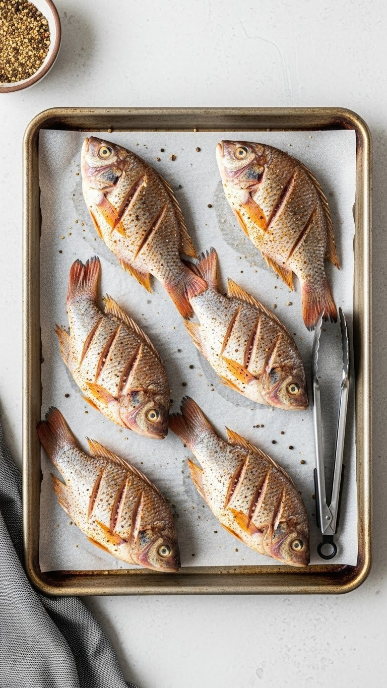 Baking Sheet With Perfectly Spaced Seasoned Tilapia Fillets Arranged In Single Layer With Cooking Tongs