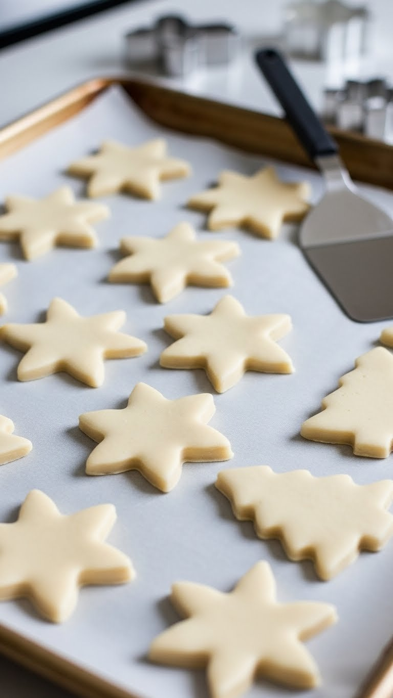 Baking Sheet With Unbaked White Baking Soda Ornaments In Holiday Shapes Arranged On Parchment Paper Before Baking.