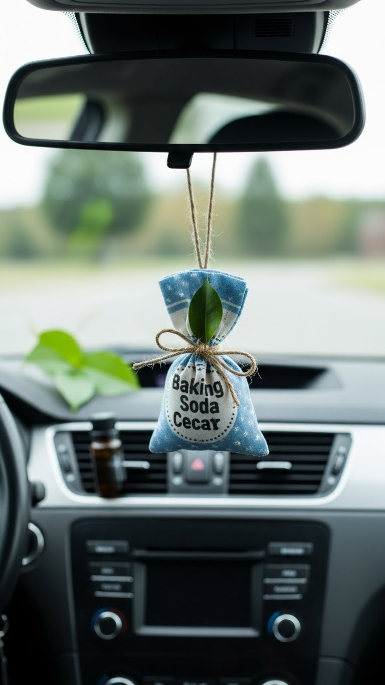 Baking Soda Air Freshener Pouch Hanging From Car Rearview Mirror In Clean Vehicle Interior