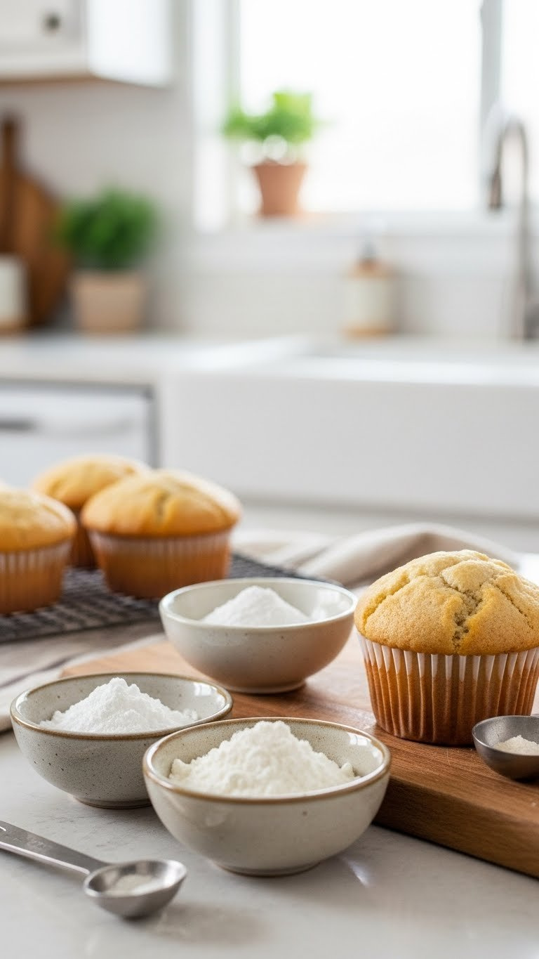 Baking Soda And Baking Powder Bowls Next To Rising Protein Muffin Emphasizing Airy Texture Leavening