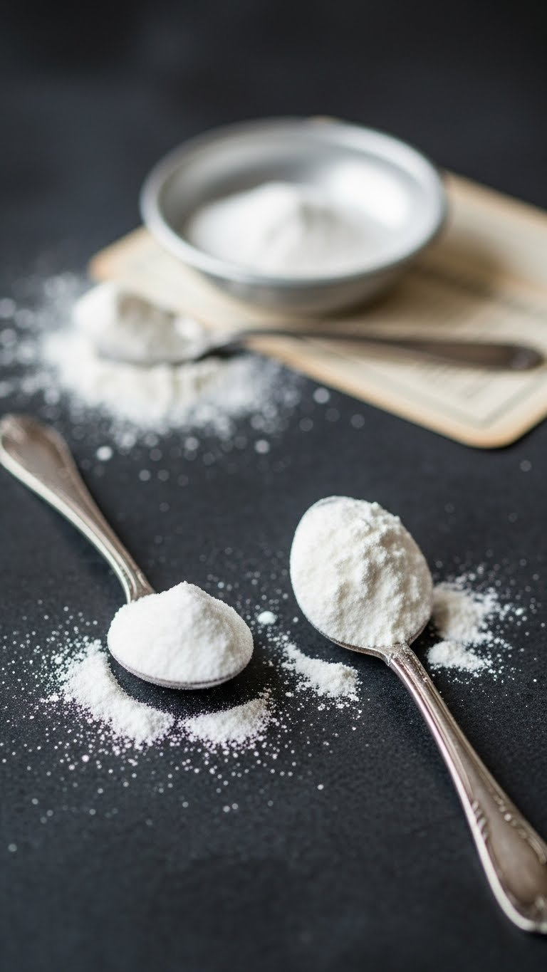 Baking Soda And Baking Powder Piles On Antique Silver Spoons Displayed On Dark Textured Stone Surface
