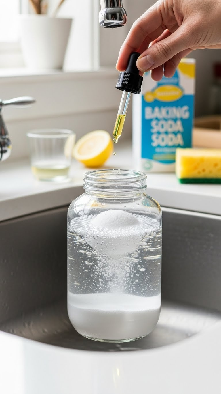 Baking Soda And Vinegar Air Freshener Bubbling In Stainless Steel Sink With Lemon Essential Oil
