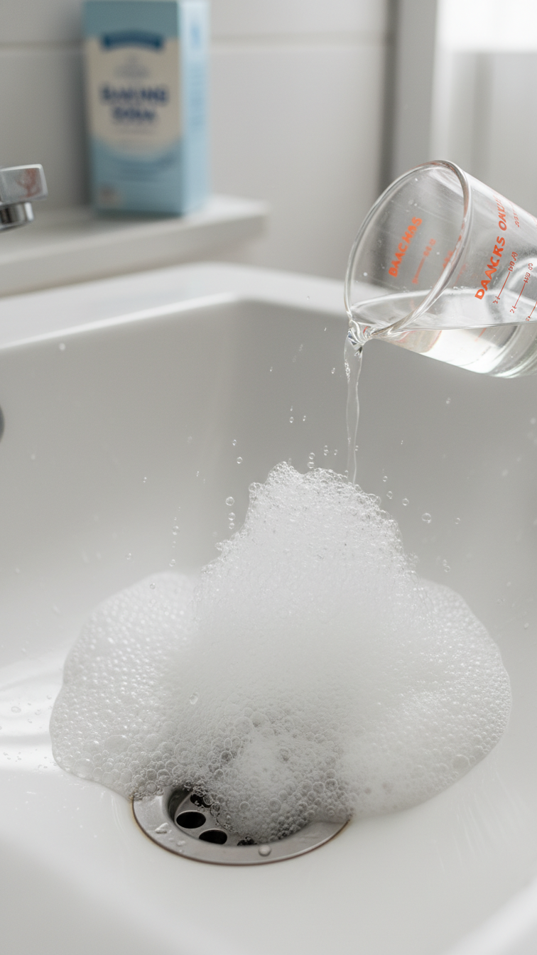 Baking Soda And Vinegar Chemical Reaction Fizzing From Bathroom Sink Drain With White Porcelain Sink And Chrome Fixture.