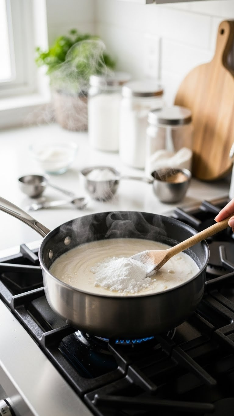 Baking Soda Clay Ingredients Simmering In A Silver Saucepan On A Stovetop With Steam Rising And Wooden Spoon Resting Nearby