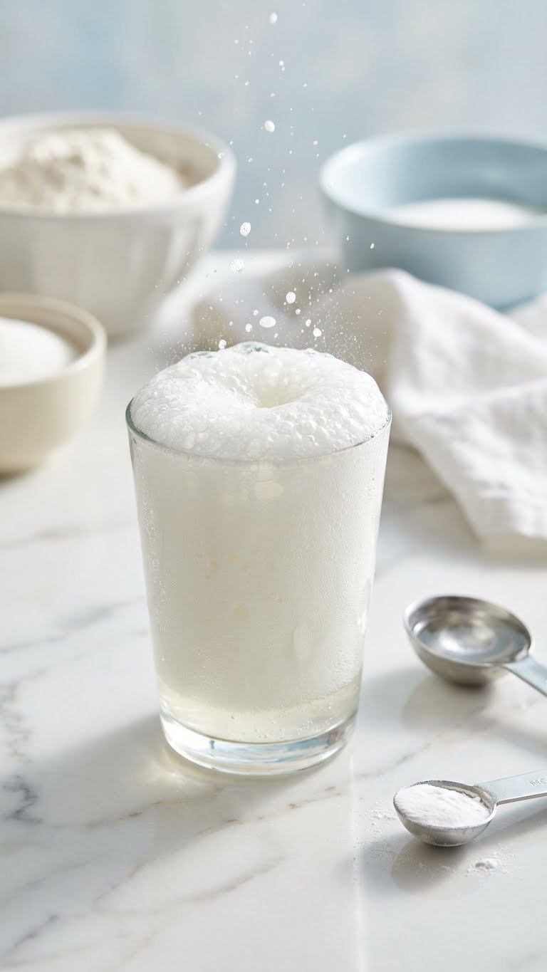 Baking Soda Fizzing Vigorously In White Vinegar In A Glass On A Marble Counter, Showcasing A Powerful Leavening Agent.