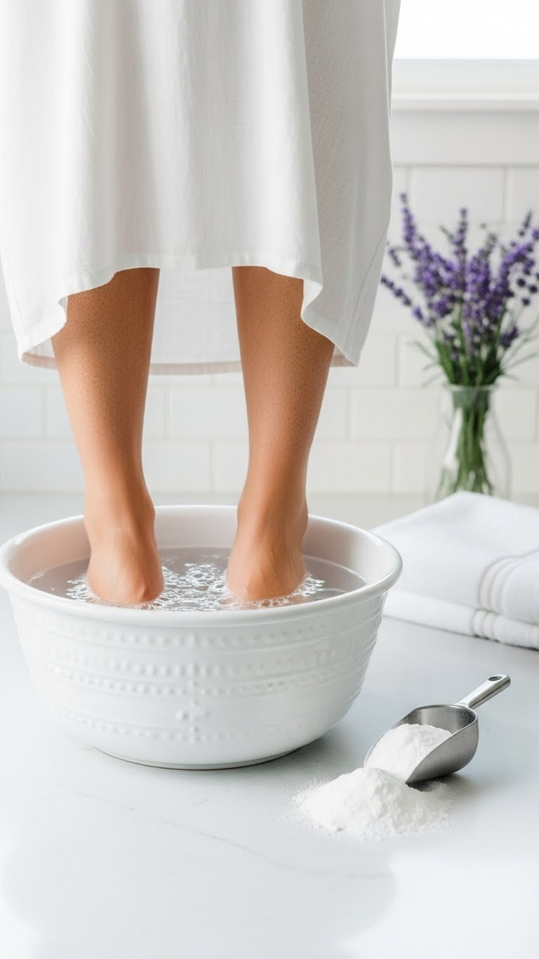 Baking Soda Foot Soak Preparation With Effervescent Water Basin And White Baking Soda Pile On Light Bathroom Countertop