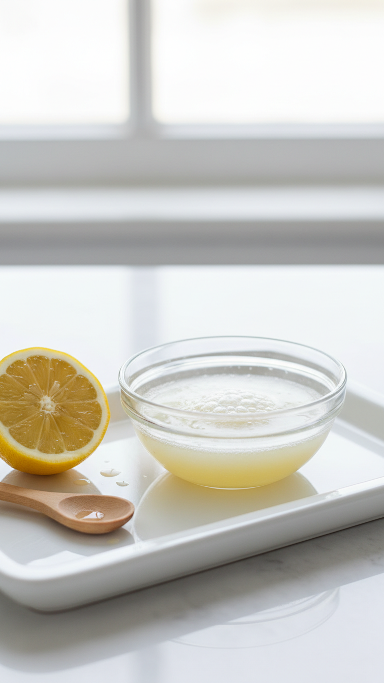 Baking Soda Lemon Juice Fizzing Mixture In Glass Bowl With Sliced Lemon On White Ceramic Tray