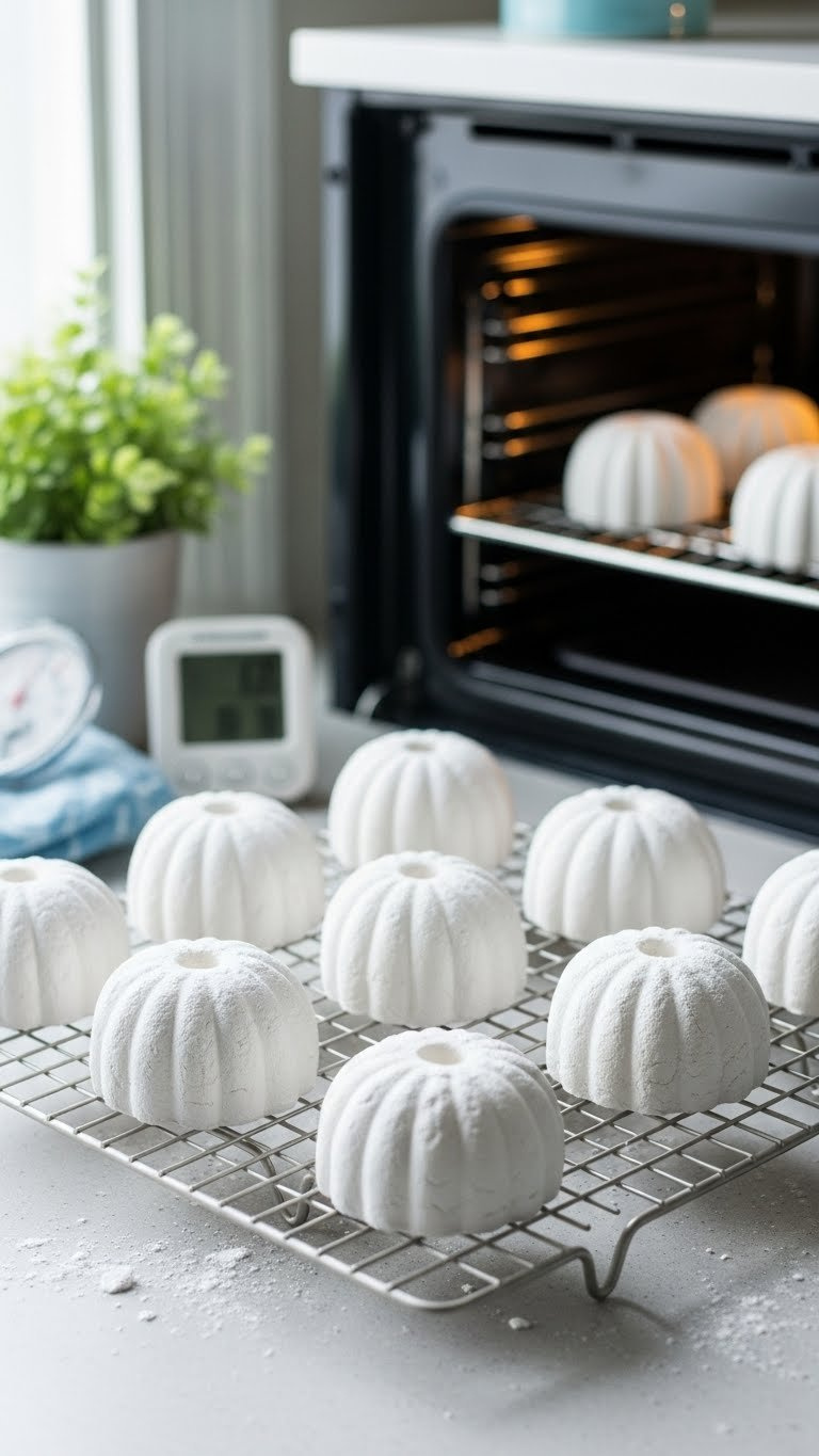 Baking Soda Ornaments Drying On Wire Rack With Some In Oven And Others Air-Drying Against Soft Kitchen Background