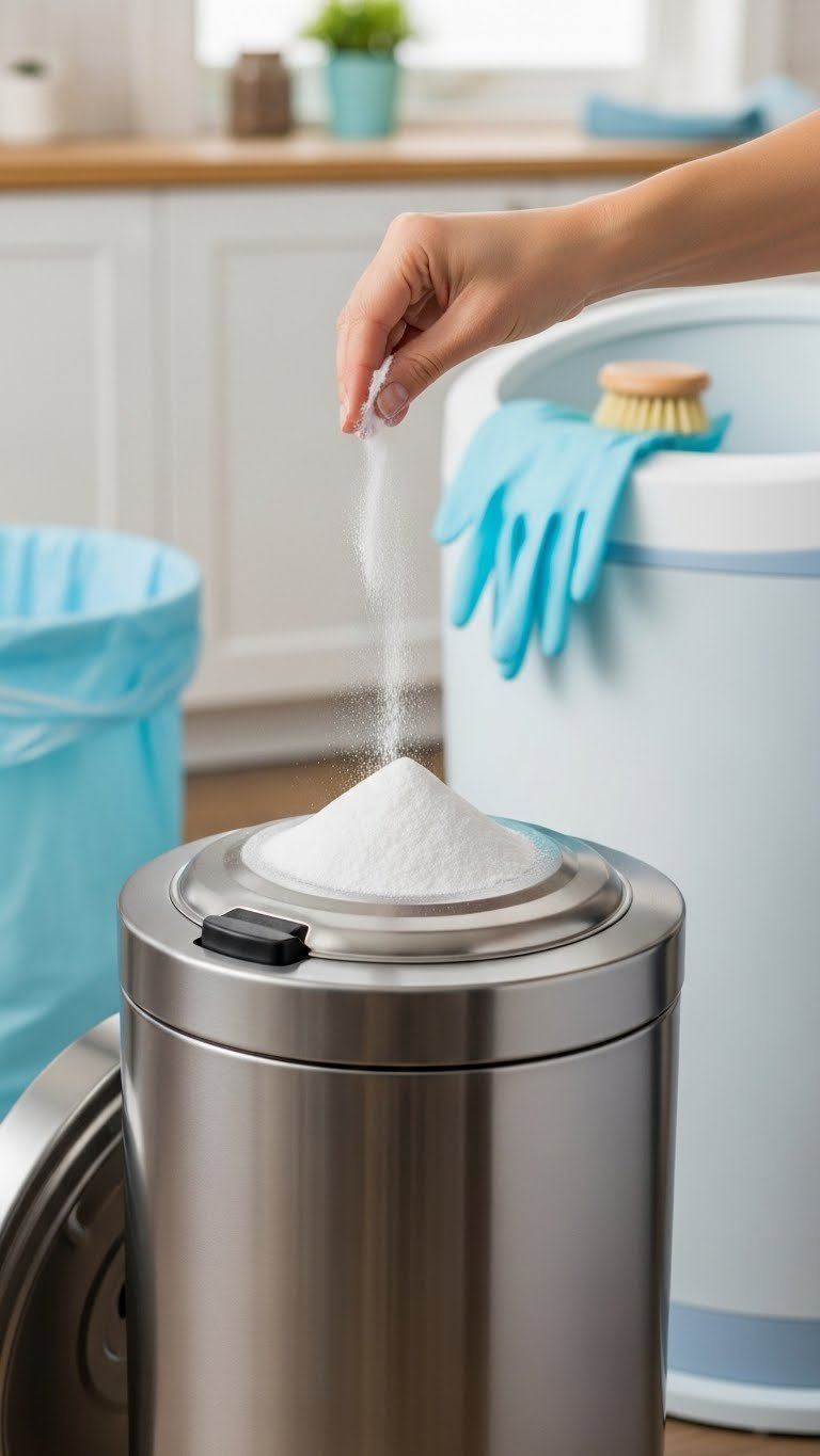 Baking Soda Sprinkled Into Stainless Steel Trash Can Bottom For Odor Elimination With Clean Gloves Nearby.