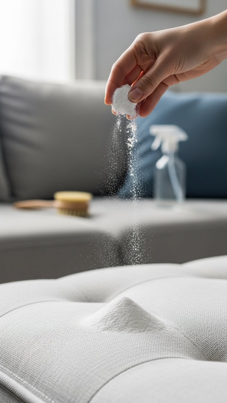 Baking Soda Sprinkled Over Textured Upholstery Fabric On Light Gray Sofa Cushion For Cleaning And Freshness.