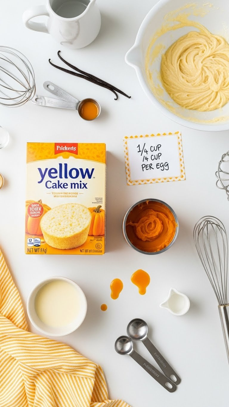 Baking Station With Yellow Cake Mix, Pumpkin Puree, And Measuring Tools For An Easy Egg Substitute Recipe.