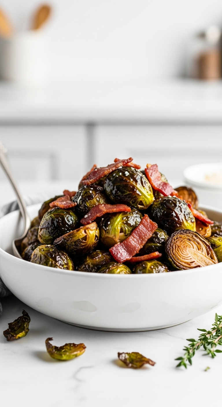 Balsamic Glazed Brussels Sprouts With Bacon In A White Ceramic Bowl On A Marble Counter With Bright Studio Light