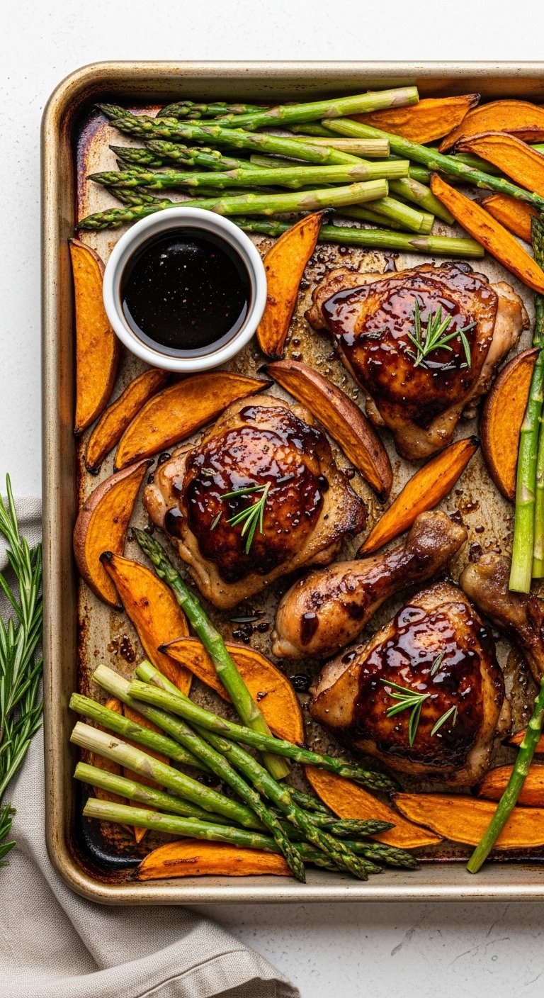 Balsamic Glazed Chicken Thighs With Caramelized Sweet Potatoes And Roasted Asparagus.
