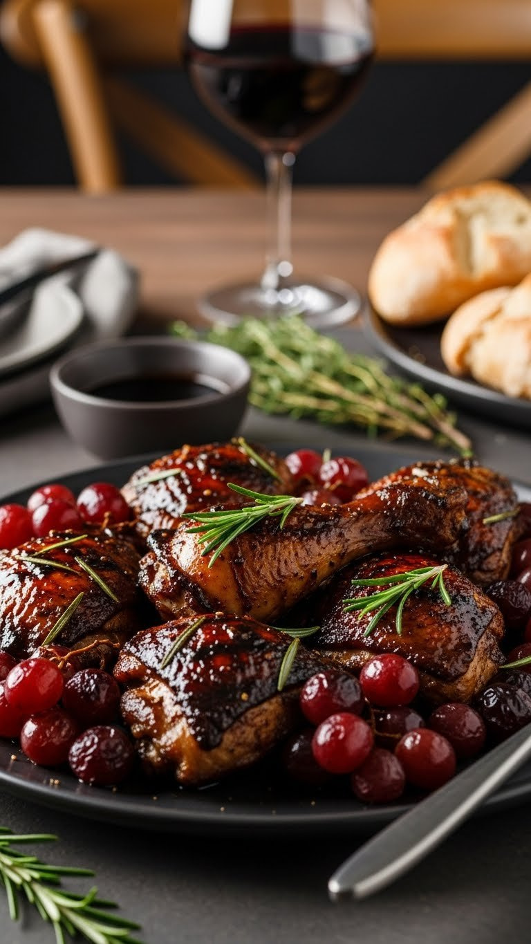 Balsamic Glazed Chicken With Roasted Grapes And Rosemary Sprigs Arranged On Dark Ceramic Platter
