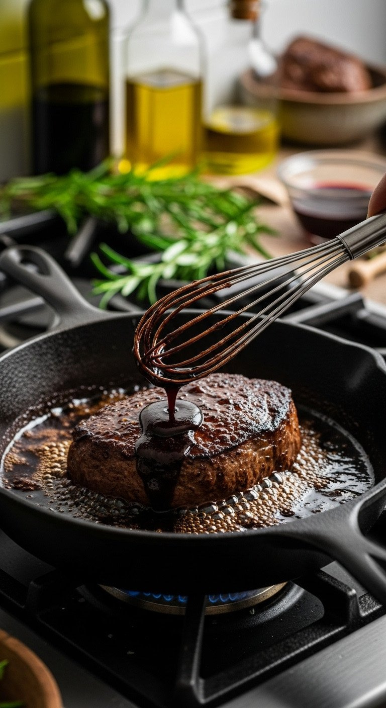Balsamic Reduction Sauce Bubbling In Cast Iron Skillet, Whisk Scraping Caramelized Fond. Pan Sauce, Cooking.