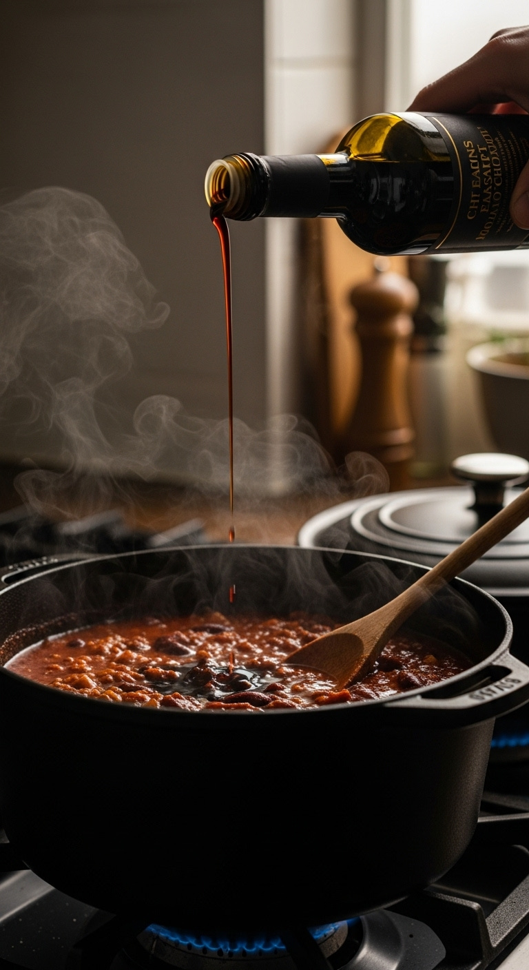 Balsamic Vinegar Pouring From An Elegant Bottle Into A Dark Red Chili In A Cast-Iron Dutch Oven On A Stovetop, Capturing A Secret Ingredient.