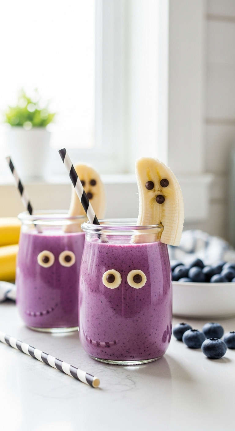 Banana Ghost And Boo-Berry Smoothies In Glass Jars With Chocolate Chip Eyes For Halloween Breakfast