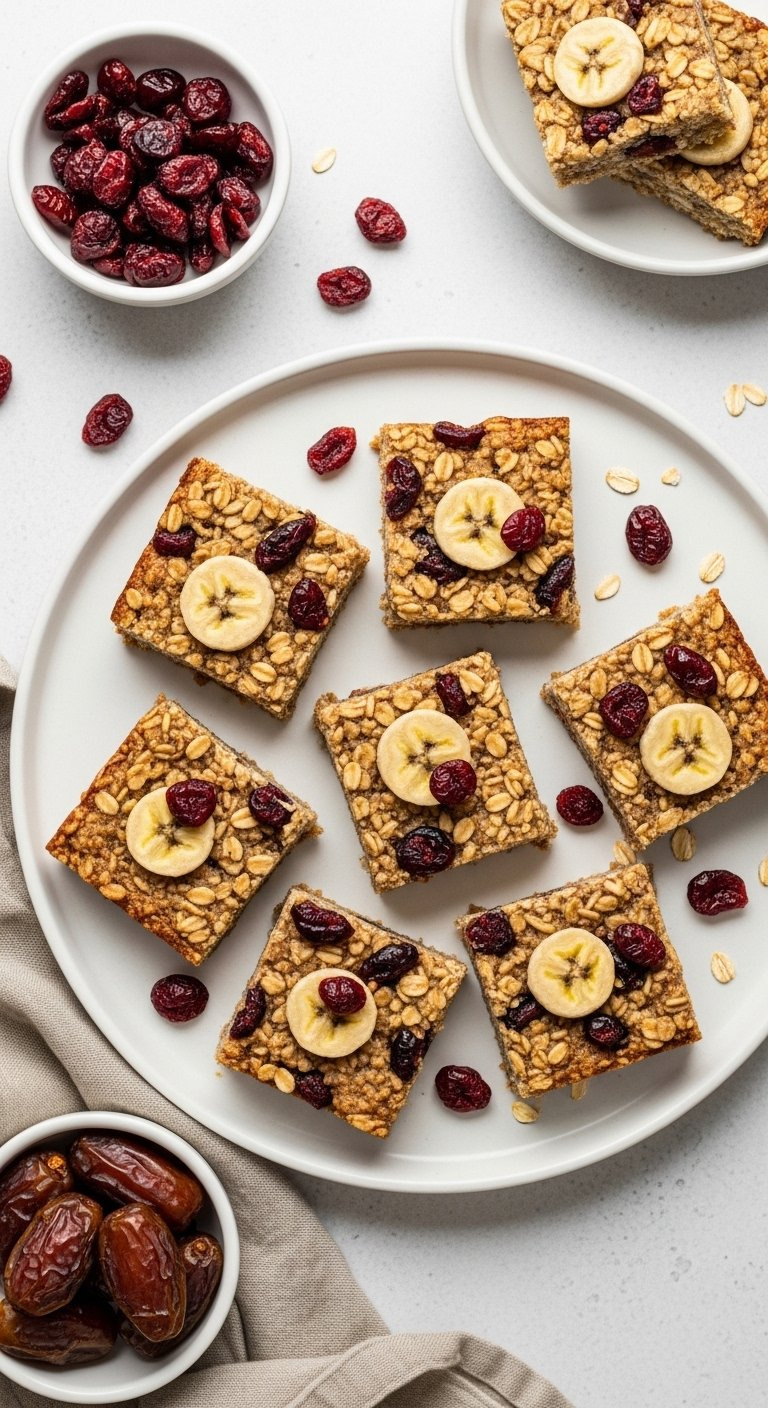 Banana Oatmeal Bars Studded With Vibrant Red Dried Cranberries And Dates On White Ceramic Platter Flat Lay.