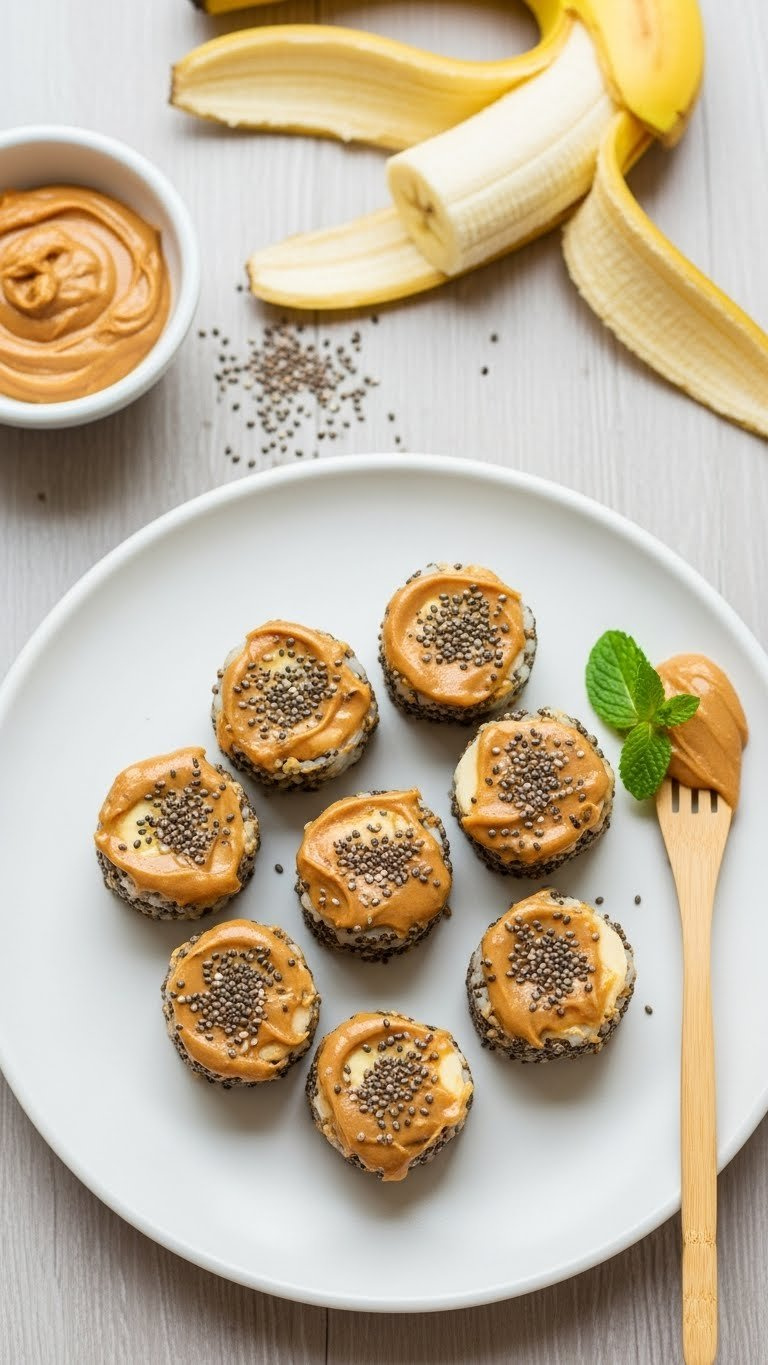 Banana Sushi Rolls Coated In Nut Butter And Chia Seeds Arranged On White Ceramic Plate