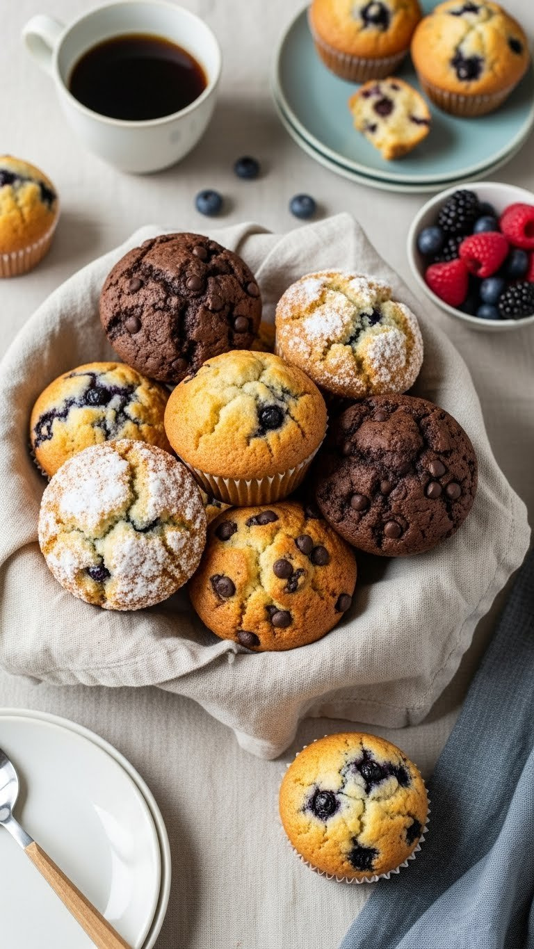 Basket Filled With Assorted Muffins Including Blueberry And Chocolate Chip Varieties On Linen Tablecloth With Coffee Cup