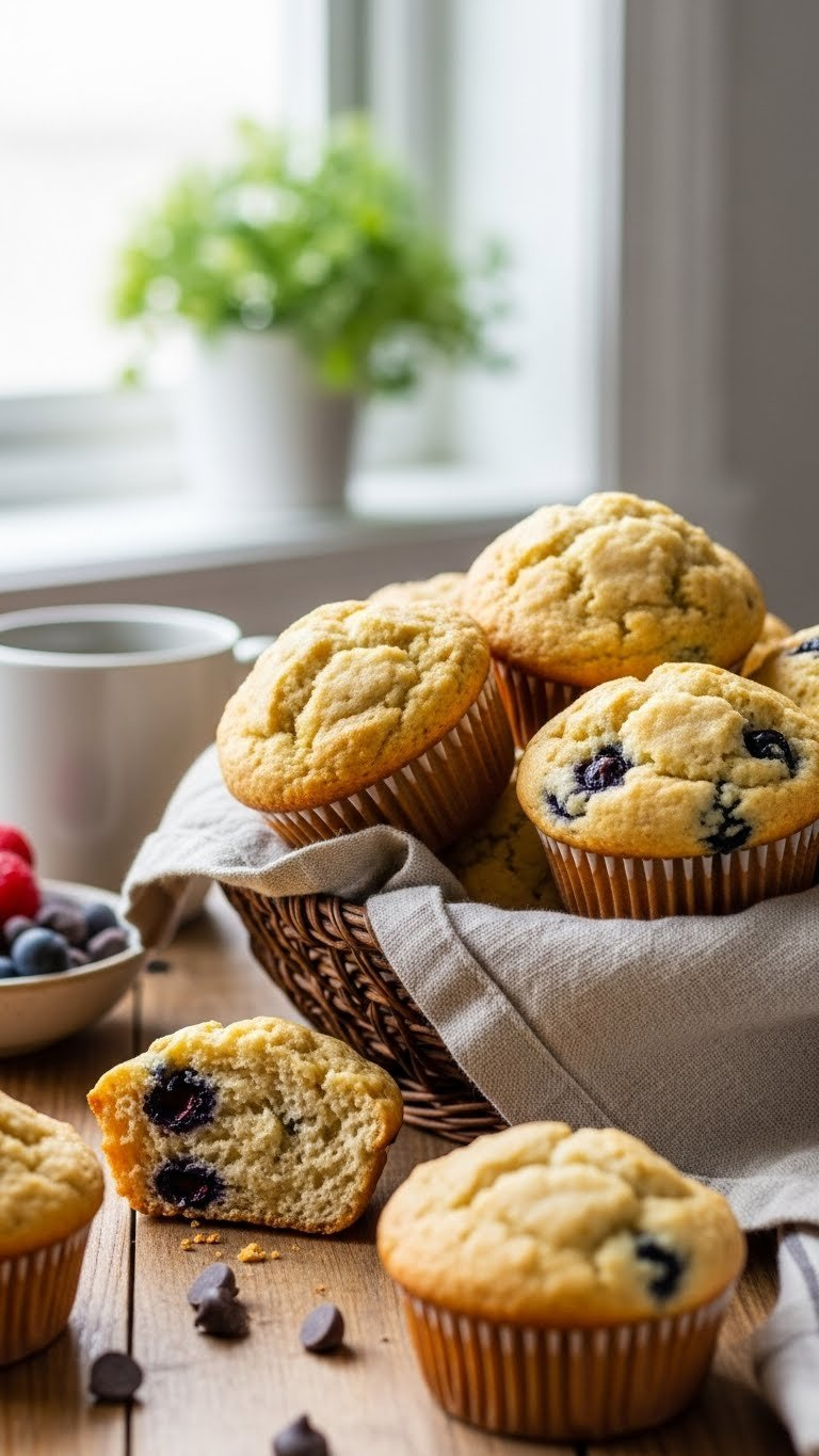 Basket Of Freshly Baked Trim Healthy Mama S Muffins With Golden Dome Tops And Visible Blueberries In Rustic Woven Basket