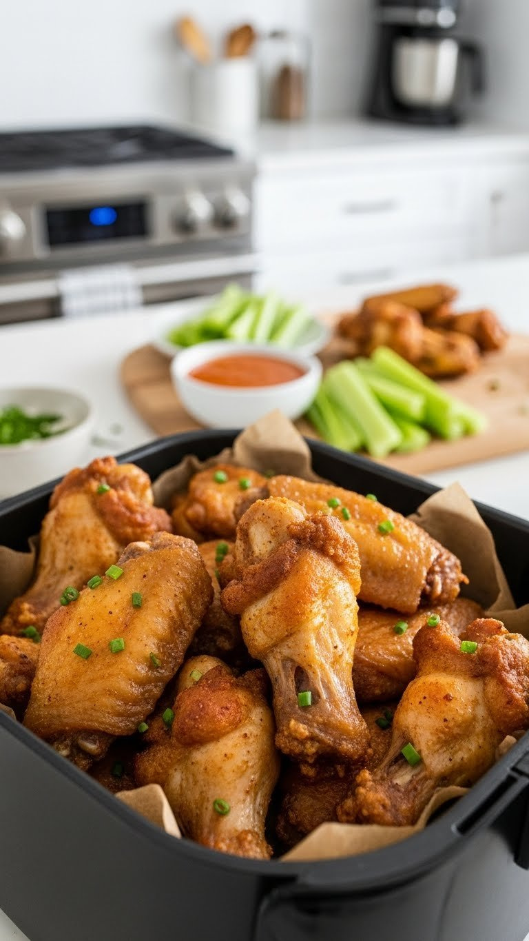 Basket Of Golden-Brown Air Fryer Chicken Wings With Crispy Texture Arranged With Celery Sticks And Dipping Sauce On Kitchen Counter