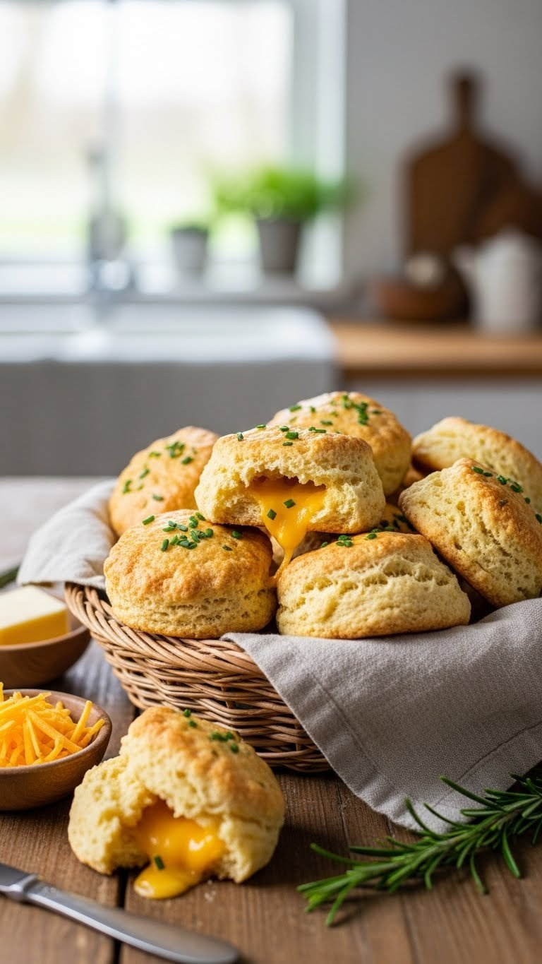 Basket Of Golden-Brown Low Carb Cheddar Scones Split Open Showing Flaky Layers And Melted Cheese Garnished With Fresh Chives.