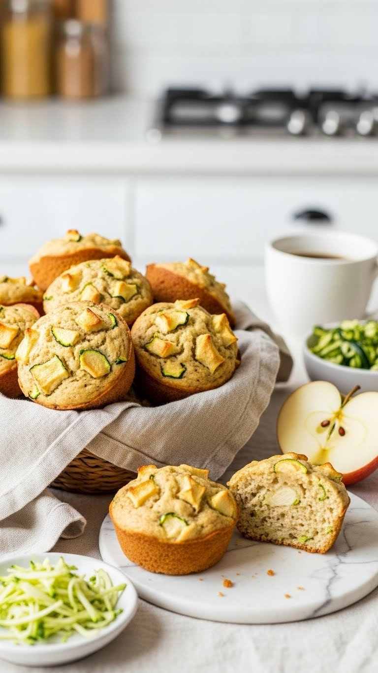 Basket Of Sugar-Free Zucchini Apple Muffins With Visible Apple Chunks On Linen Tablecloth