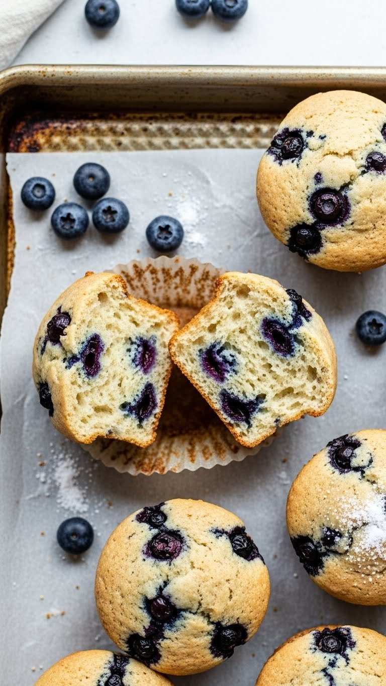 Batch Of Fresh High-Domed Blueberry Muffins On Baking Sheet, Revealing Moist Crumb, Blueberries, And Sugar Dusting. Bright Daylight.