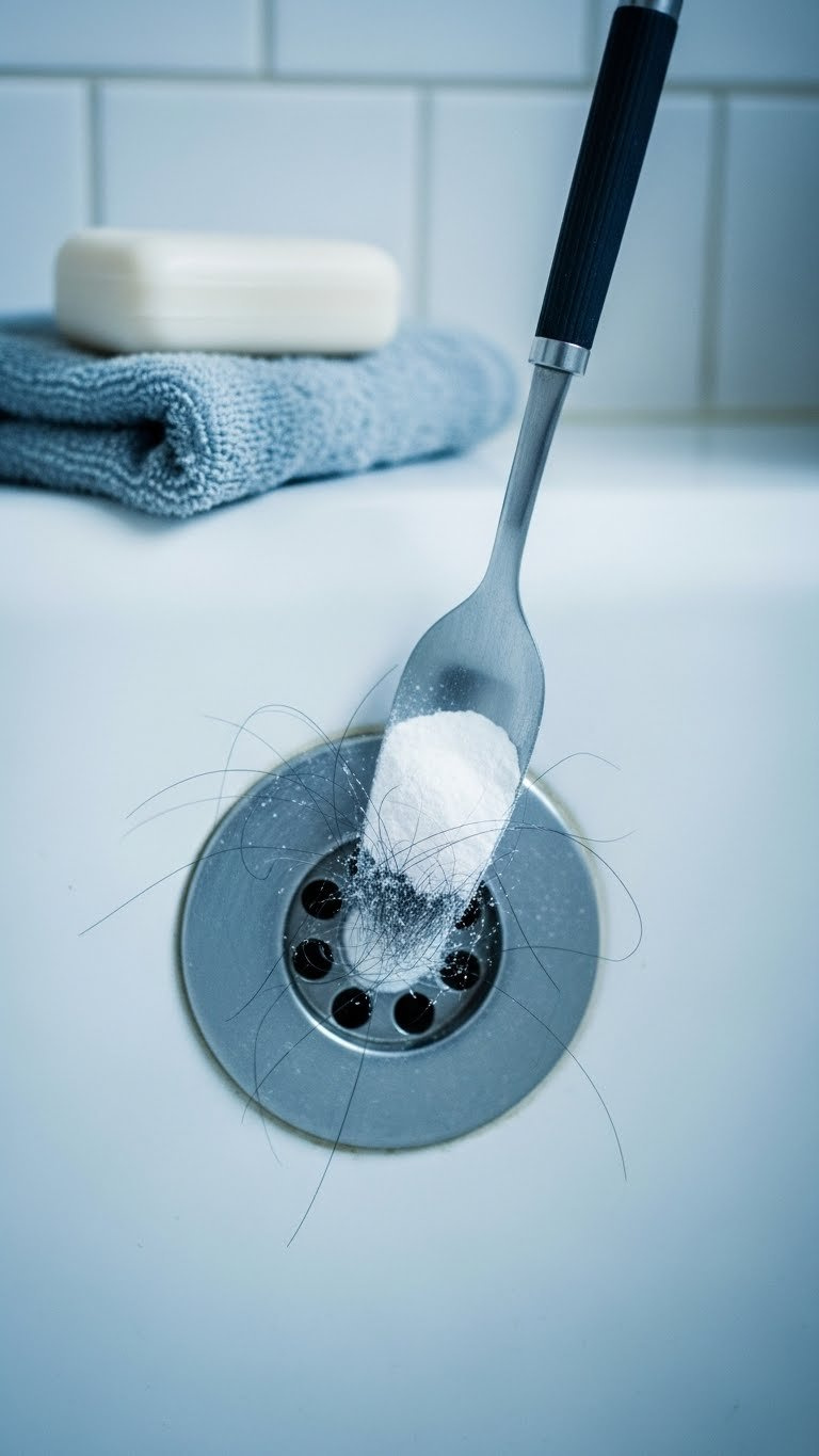 Bathtub Drain Showing Hair Clog Partially Covered With Baking Soda For Natural Cleaning Treatment