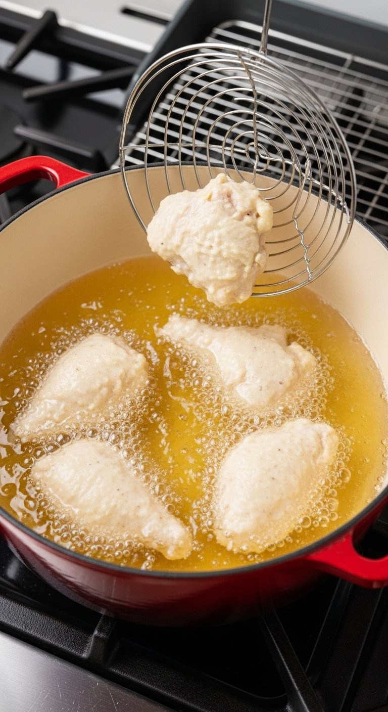 Battered Chicken Pieces Being Lowered Into Hot Oil In A Blue Dutch Oven For The First Fry.