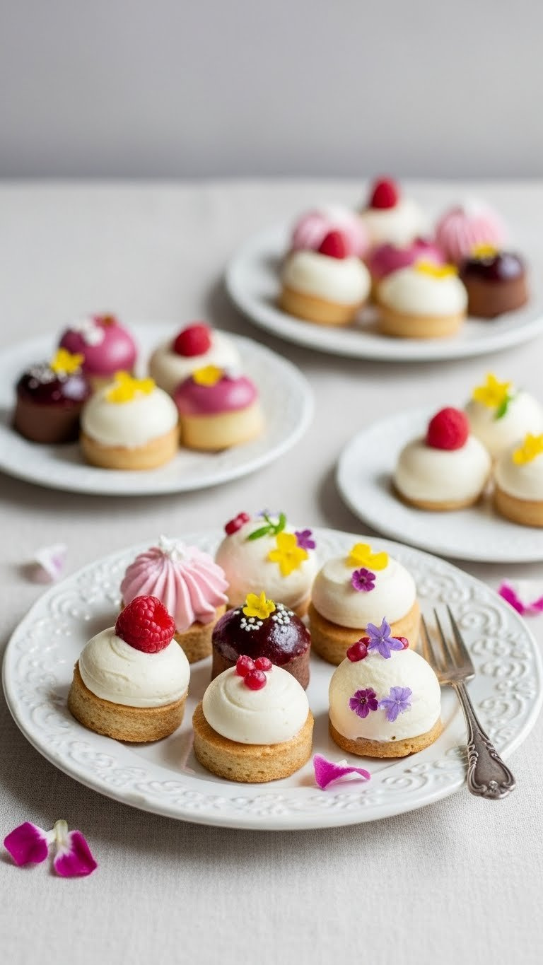 Beautiful Assortment Of Bite-Sized Miniature Desserts On Delicate Serving Platter With Edible Garnishes And Vibrant Pastel Colors Arrangement.