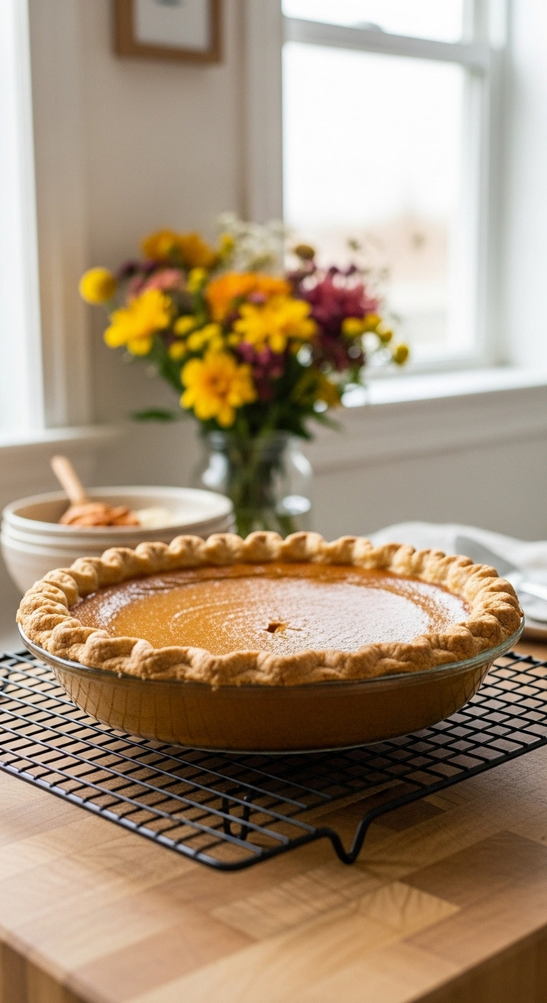Beautiful Crack-Free Pumpkin Pie With Deep Orange Color, Golden Flaky Crust Cooling On A Black Wire Rack In Kitchen.