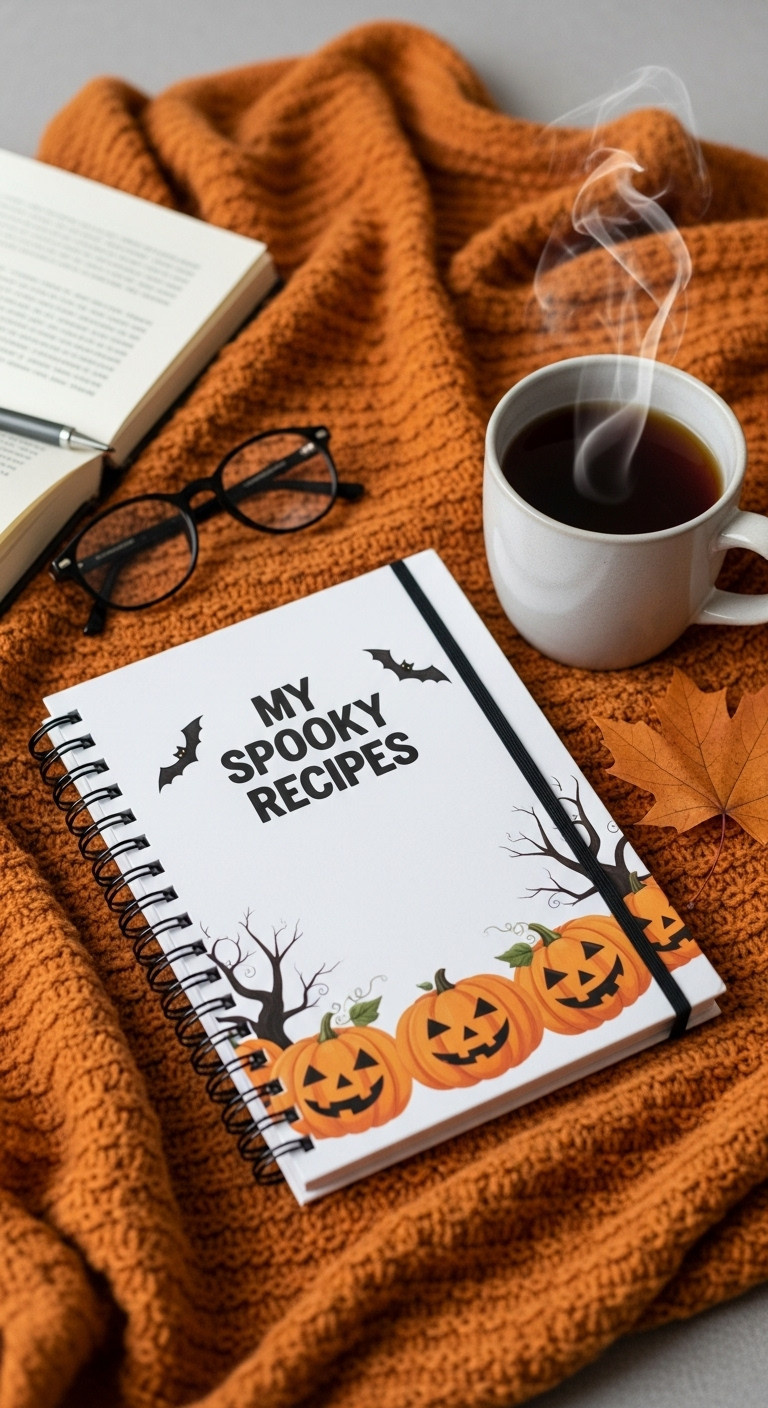 Beautiful Pre-Made Halloween Recipe Journal My Spooky Recipes Cover With Pumpkins And Bats On A Cozy Orange Blanket With Tea