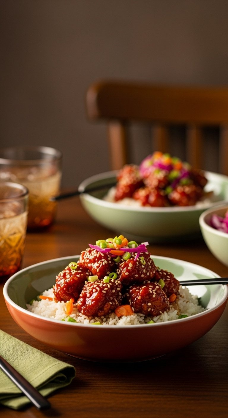 Beautifully Assembled Sticky Korean Fried Chicken And Rice Bowl Topped With Garnishes In A Stylish Ceramic Bowl.