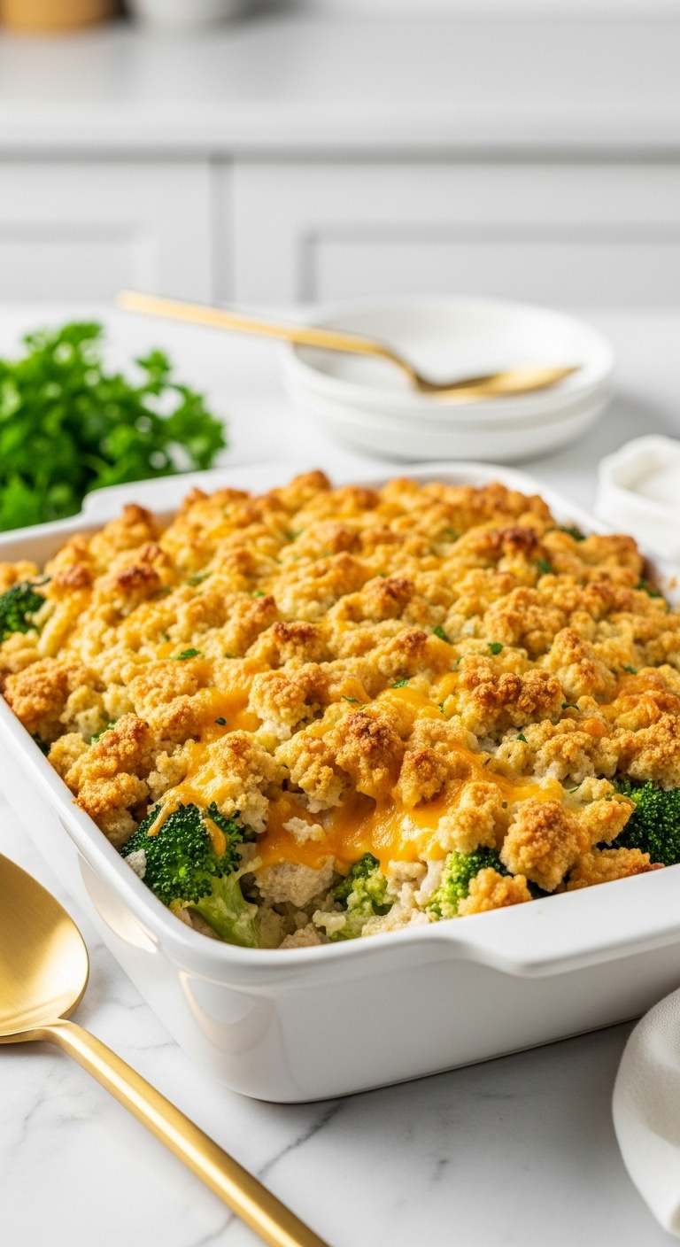 Beautifully Baked Chicken And Broccoli Casserole In A White Ceramic Dish With Golden Brown Stuffing Melted Cheddar And Vibrant Green Broccoli Florets
