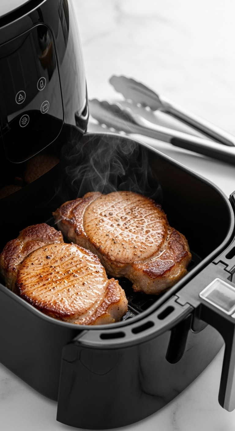 Beautifully Browned Sizzling Pork Chops In A Black Air Fryer Basket With Rendered Fat And Tongs On A Marble Countertop