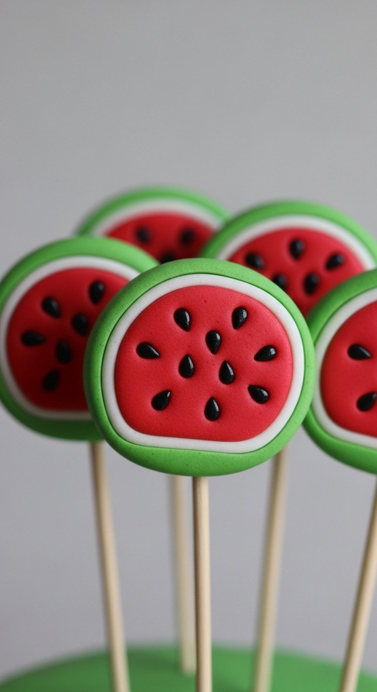 Beautifully Crafted Green And Pink Fondant Watermelon Slice Toppers Arranged On A Clean Surface.