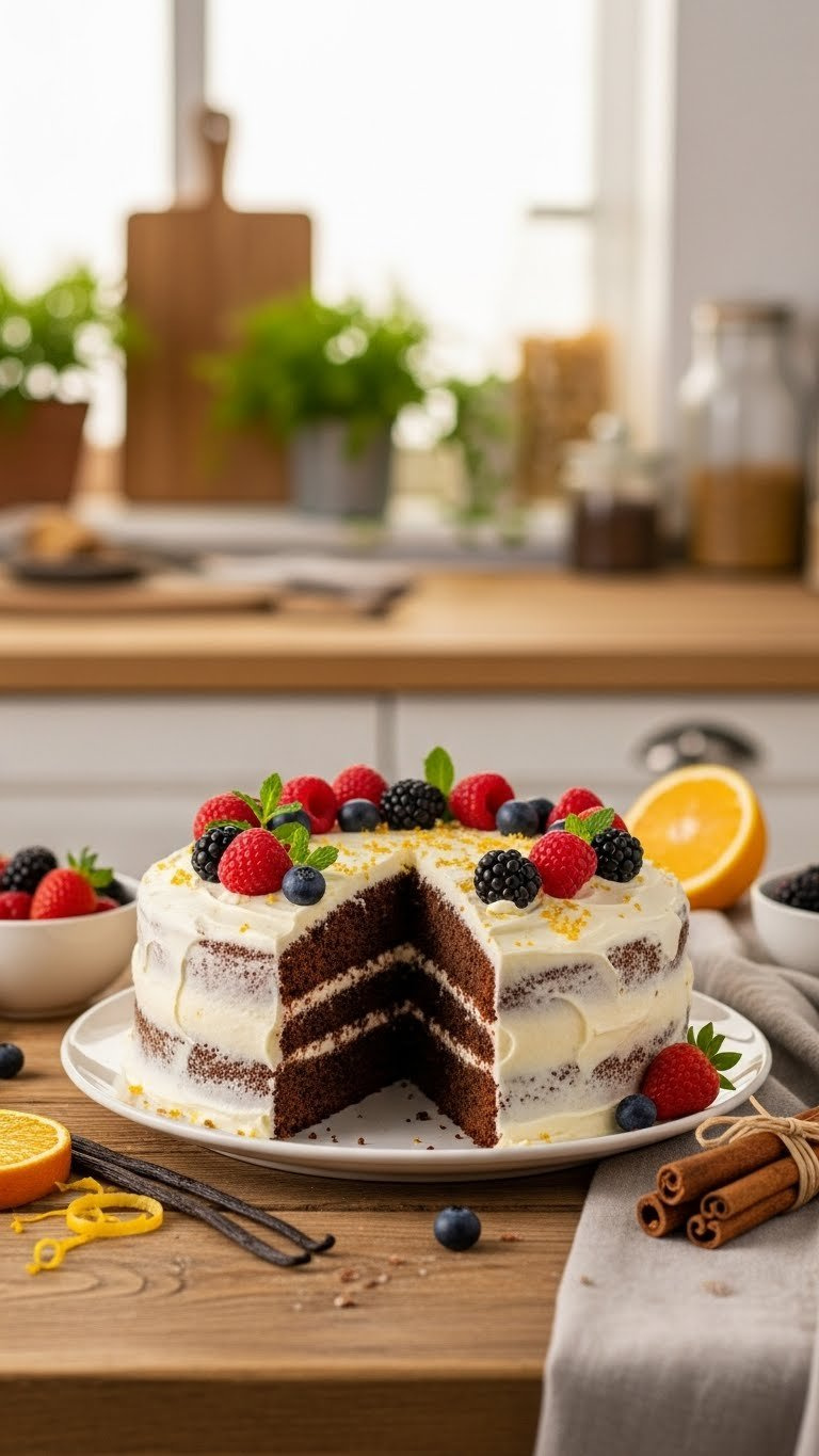 Beautifully Decorated Healthy Carrot Cake With Minimal Frosting And Fresh Berries On Rustic Wooden Table In Golden Hour Light