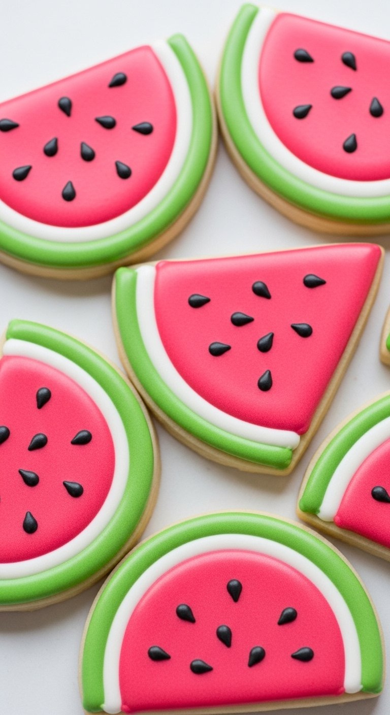 Beautifully Decorated Sugar Cookies Designed To Resemble Vibrant Watermelon Slices.