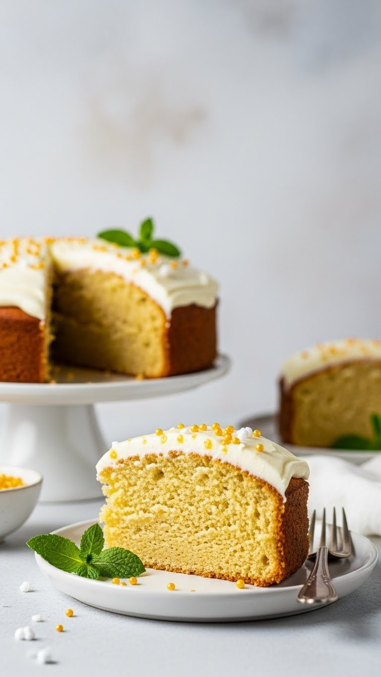 Beautifully Frosted Yellow Zucchini Cake Slice With Cream Cheese Frosting On Ceramic Cake Stand With Mint Garnish