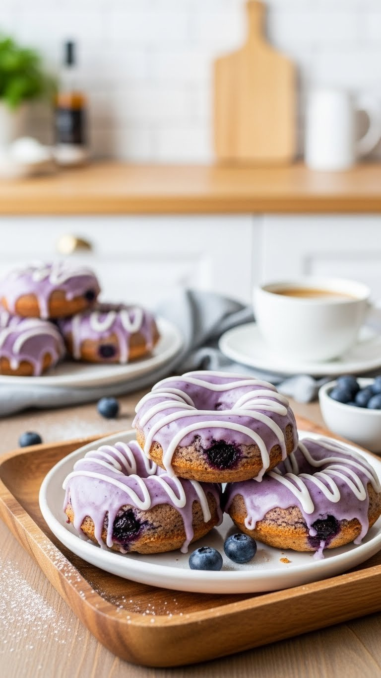 Beautifully Glazed Healthier Baked Blueberry Donuts With Vibrant Glaze On Ceramic Plate