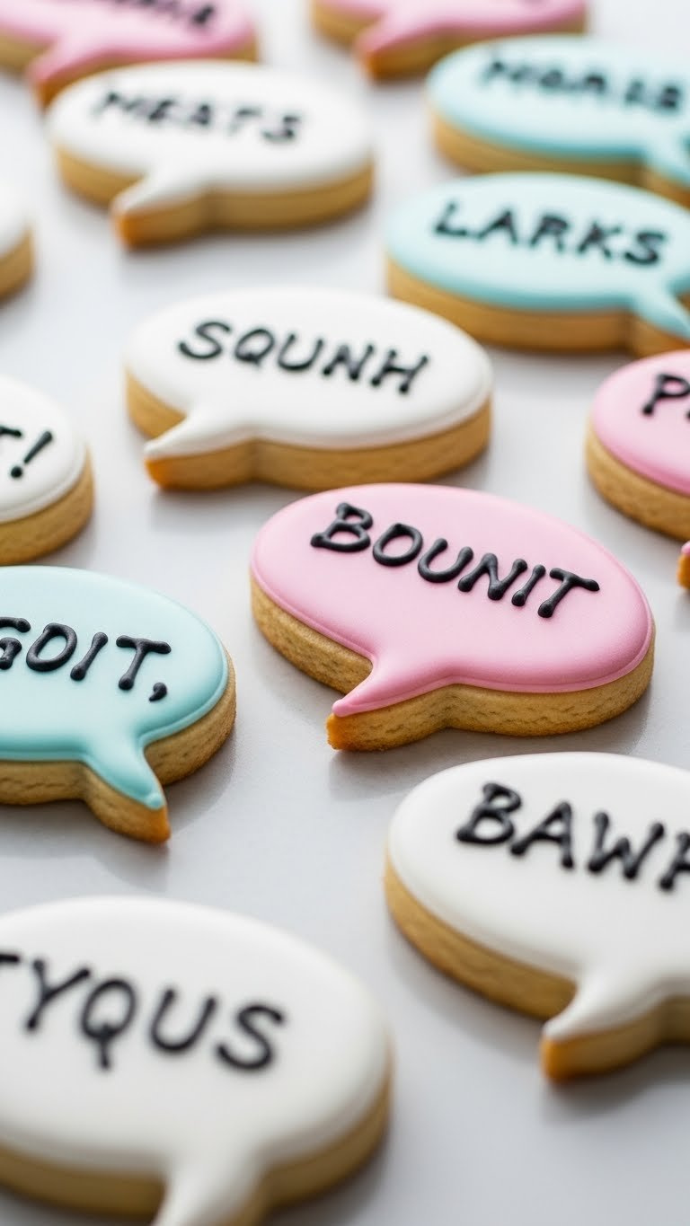 Beautifully Iced Sugar Cookies Shaped Like Speech Bubbles With Subtle Pun-Inspired Decorations On A Rustic Table