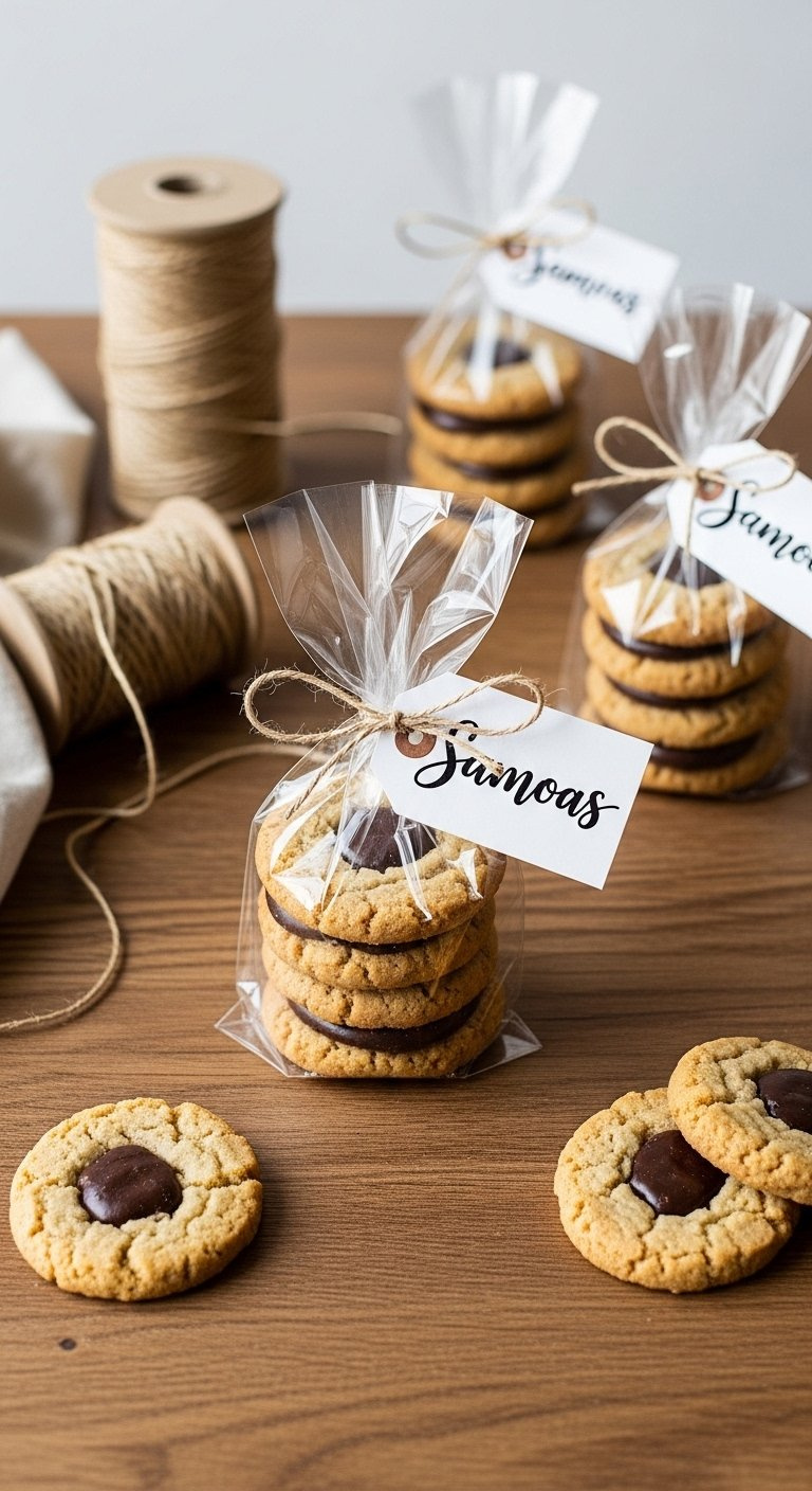 Beautifully Packaged Homemade Samoas Cookies, Tied With Twine In A Cellophane Bag, Sit On A Rustic Wooden Table With Loose Cookies.