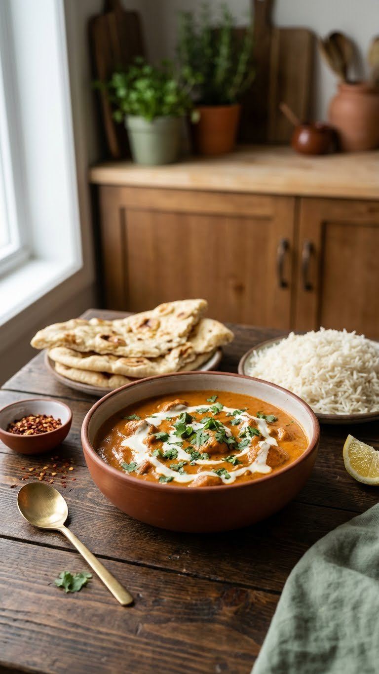 Beautifully Plated Instant Pot Butter Chicken With Cilantro And Cream, Accompanied By Fluffy Basmati Rice And Warm Naan On A Rustic Table.