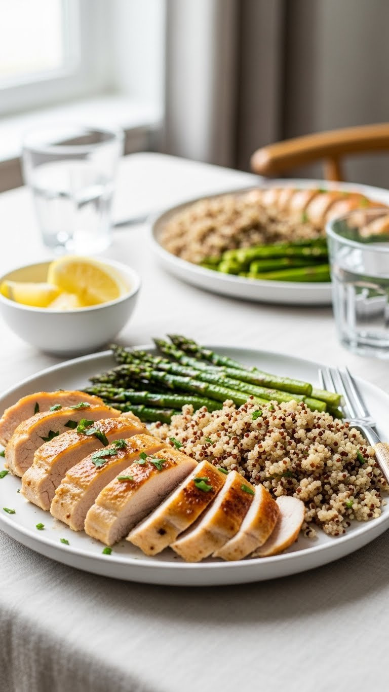 Beautifully Plated Gluten-Free Baked Chicken Dinner With Sliced Chicken, Roasted Asparagus, And Quinoa On White Dinner Plate.