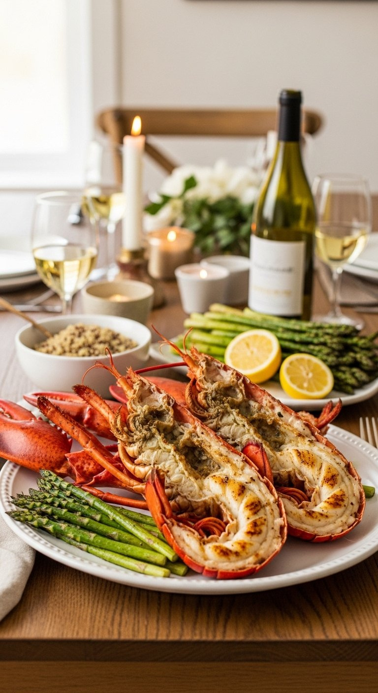 Beautifully Plated Grilled Lobster Dish Served With Asparagus, Quinoa, Lemon Wedges, And White Wine On A Rustic Table.