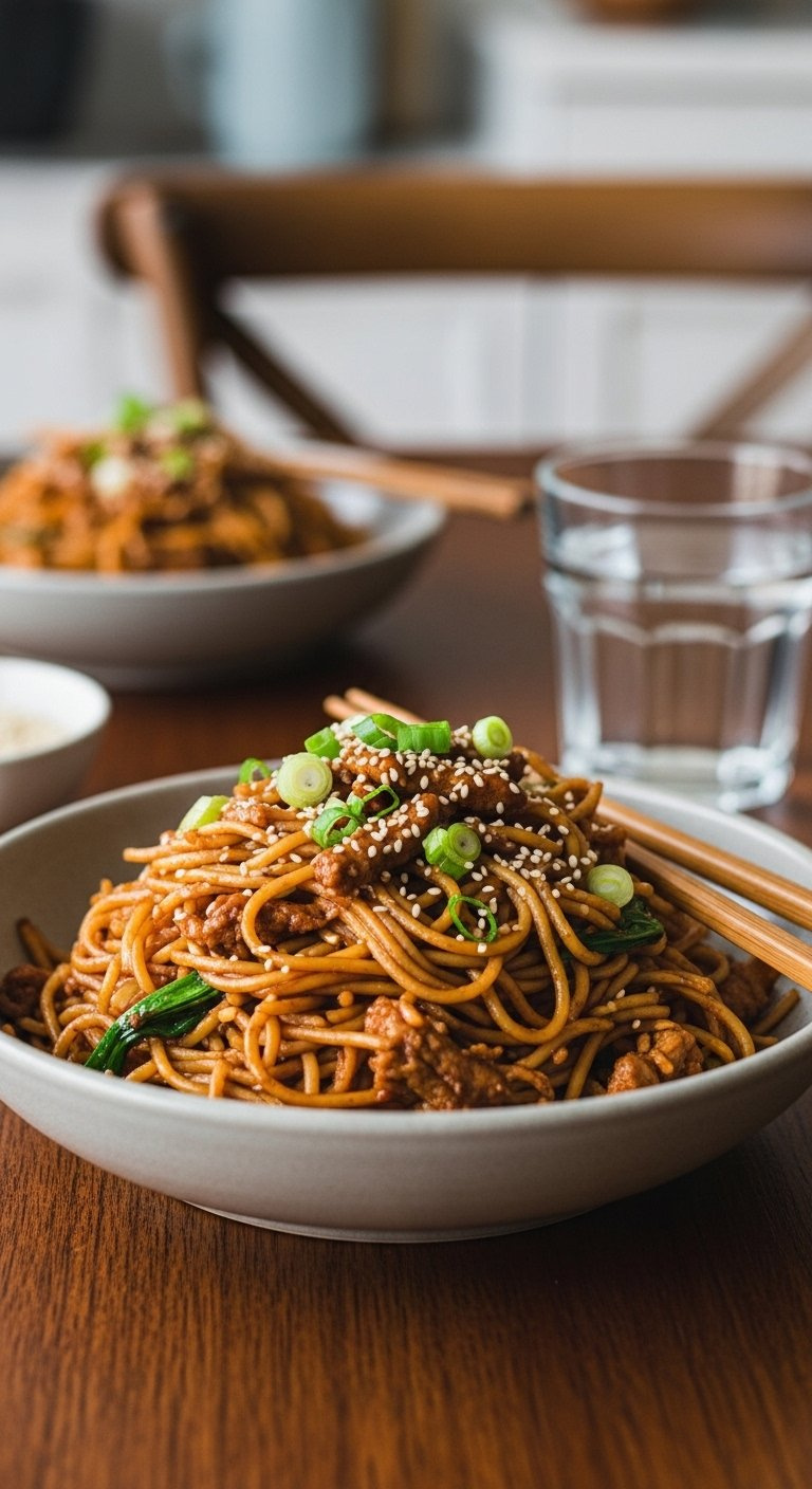 Beautifully Plated Homemade Chinese Chow Mein Piled High In A Ceramic Bowl With Green Onions And Sesame Seeds, Ready To Eat With Chopsticks.
