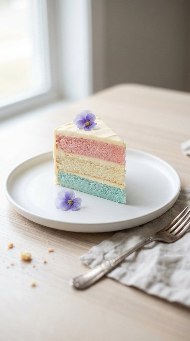 Beautifully Plated Slice Of Pastel Layer Cake With Edible Flower Garnish On Minimalist Ceramic Plate